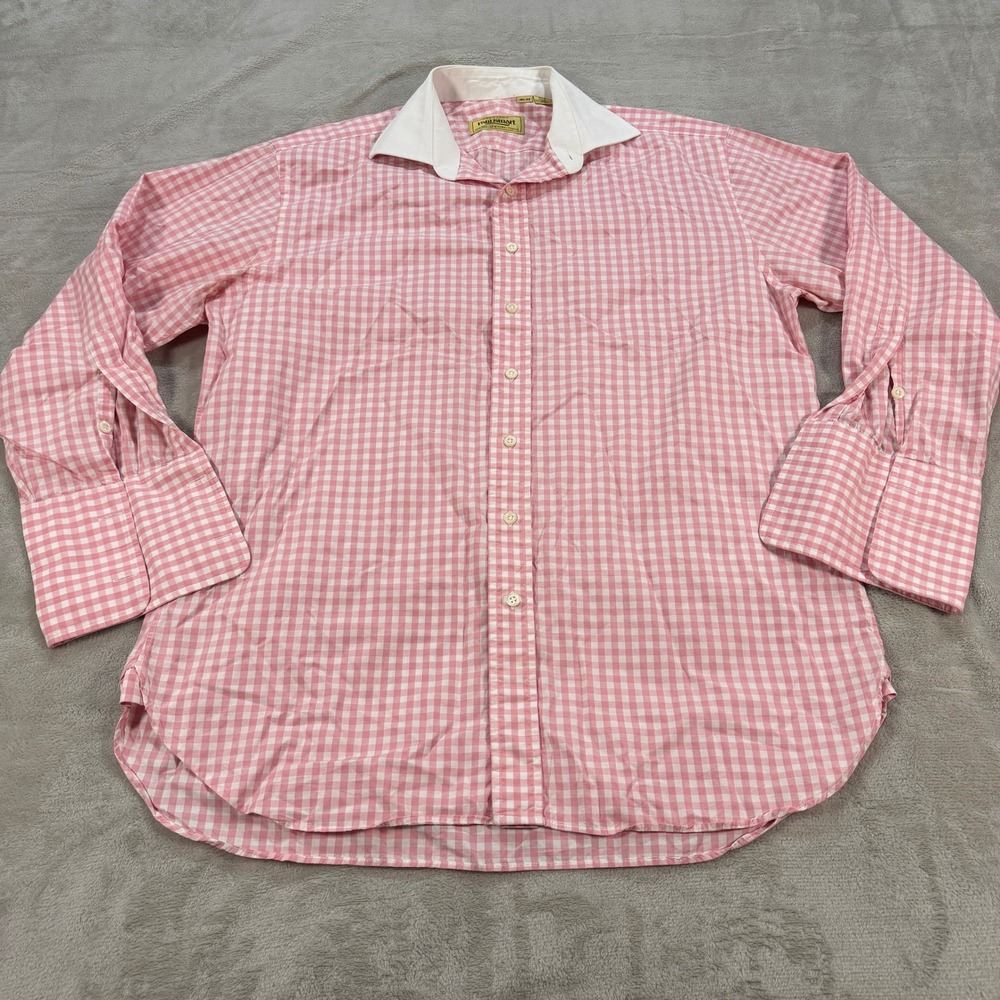 Paul Stuart Mens 16.5-33 Pink Gingham Dress Shirt Contrast Collar French Cuff
